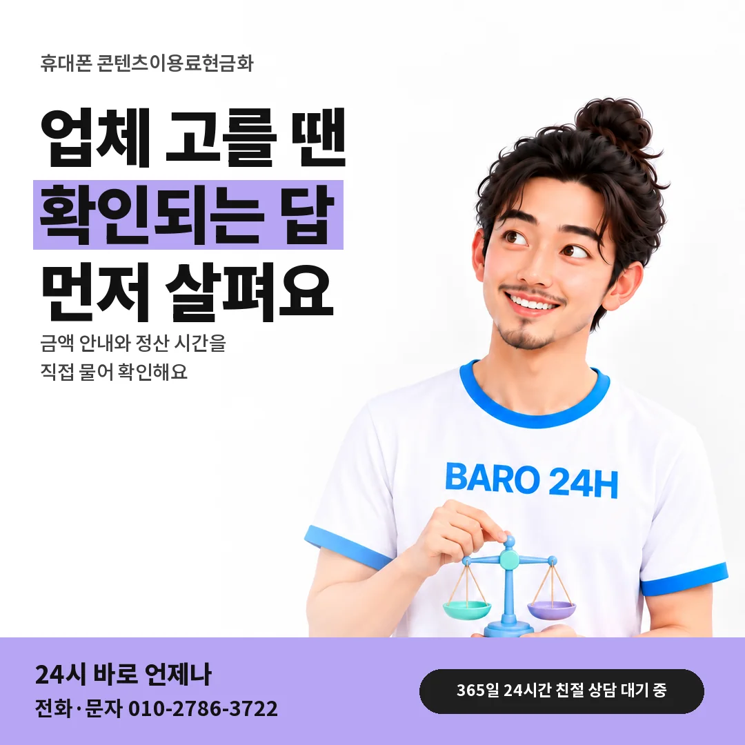 BARO 24H 티셔츠를 입은 3D 인물 옆에 「휴대폰 컨텐츠이용료현금화 업체 기준」 제목을 얹은 안내 카드