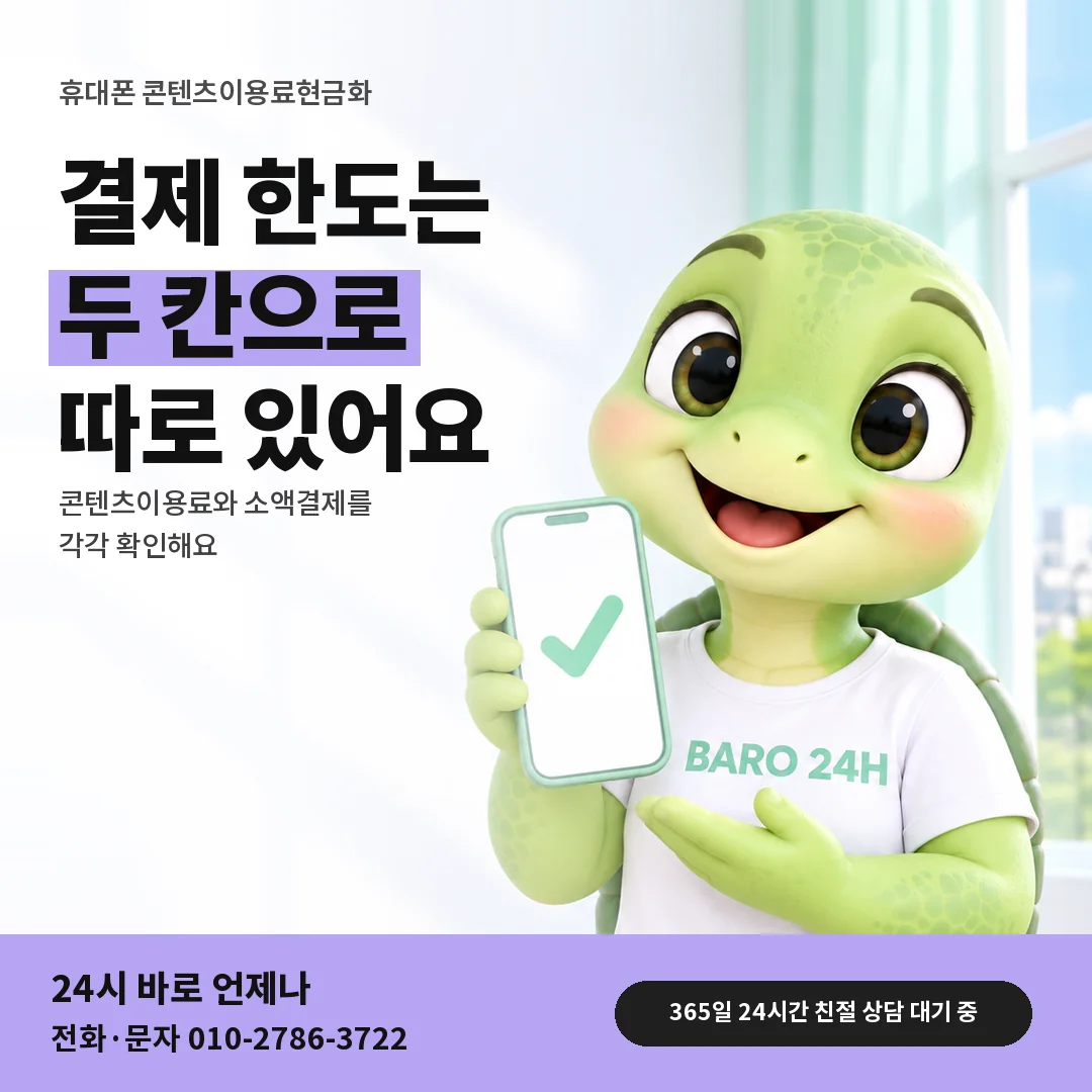 휴대폰을 든 BARO 24H 티셔츠를 입은 3D 거북이 캐릭터 옆에 「휴대폰 소액결제 한도와 별개」 제목을 얹은 안내 카드